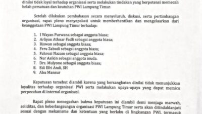 Pleno Dadakan PWI Lamtim Tuai Sorotan, Sembilan Anggota Dikeluarkan